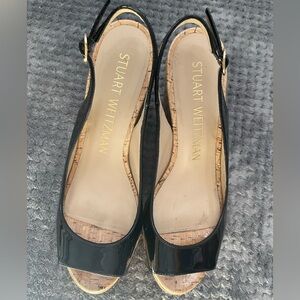 STUART WEITZMAN RIVERIA BLACK PATENT CORK WEDGE - Size 9